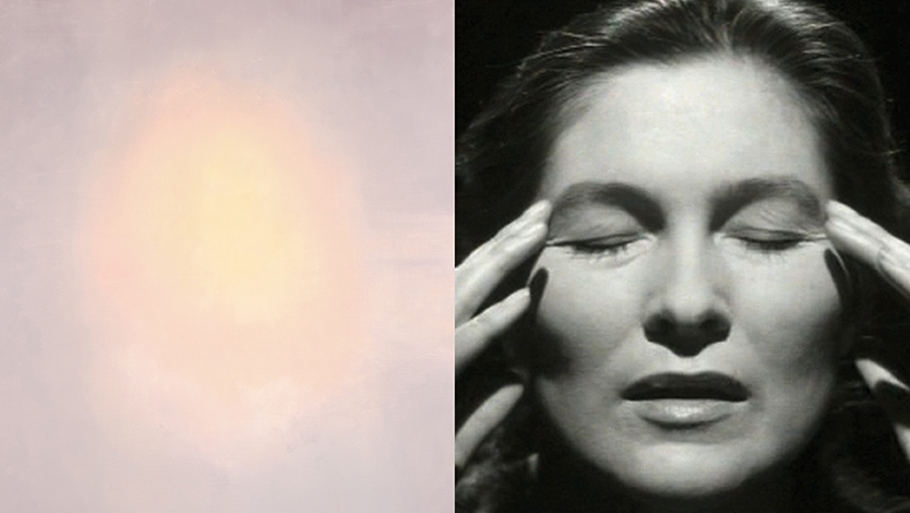 links: Luc Tuymans, Candle, 2017; Öl auf Leinwand, 134,6 x 108,5 cm; Courtesy: Privatsammlung; rechts: Edith Clever in: Die Nacht, 1985, Ein Film von Hans Jürgen Syberberg. 35 mm-Film, Farbe und Schwarz-Weiß, 367 min. Courtesy: Syberberg Clever Monologe, film@syberberg.de